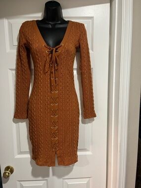 Women's Lace-Up Cable Knit Dress in Rust